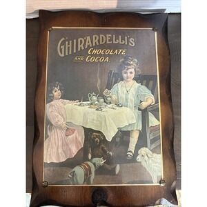 VTG Ghirardelli's Chocolate and Cocoa Girls Wooden Lacquer  Wood Sign 16x11"
